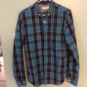 Men’s navy and royal blue plaid dress shirt